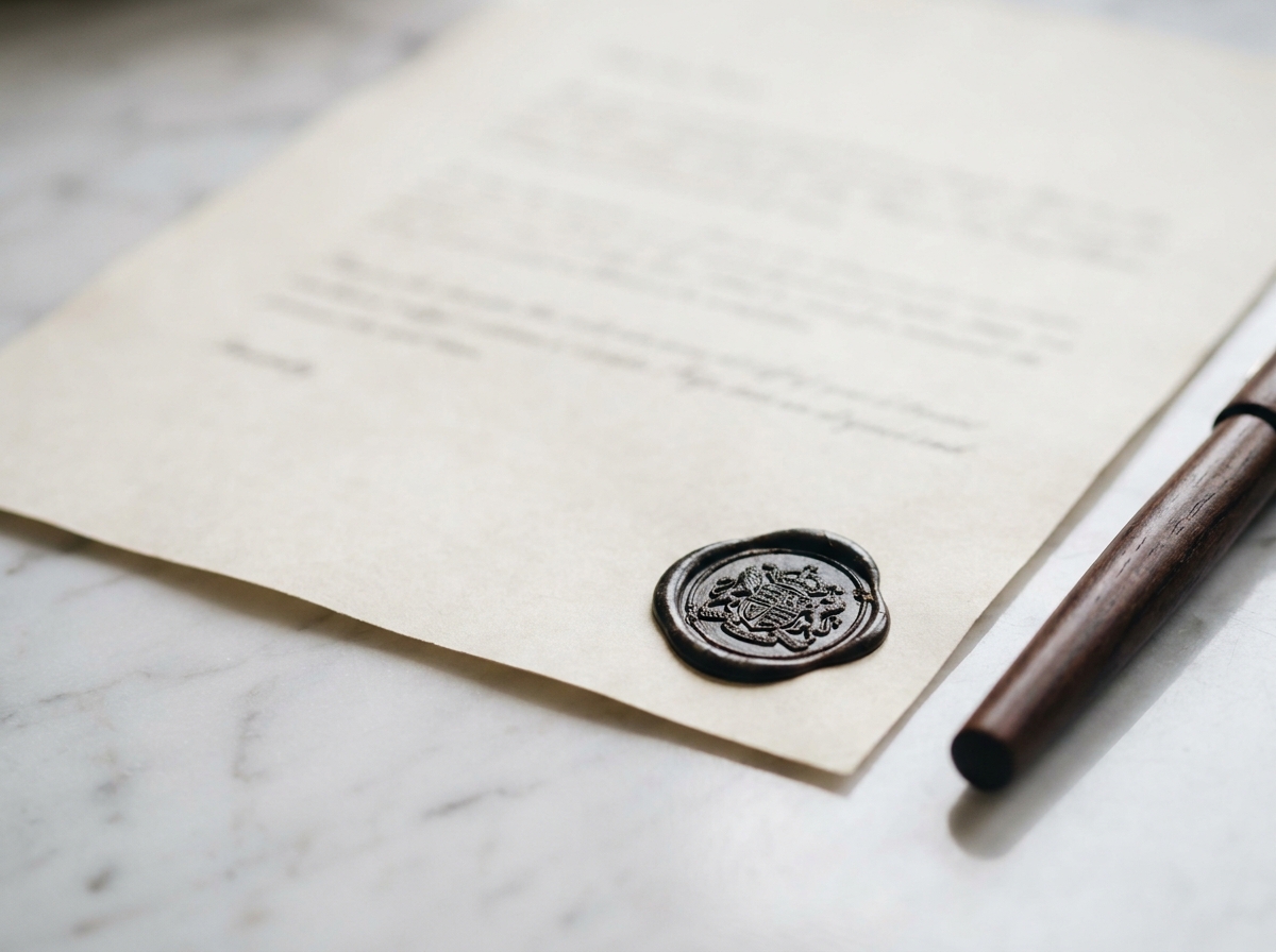 A stamped paper document with a wooden pen, representing an official notice