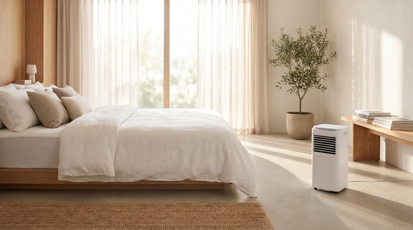 A minimalist bedroom with a portable air cooler by the window