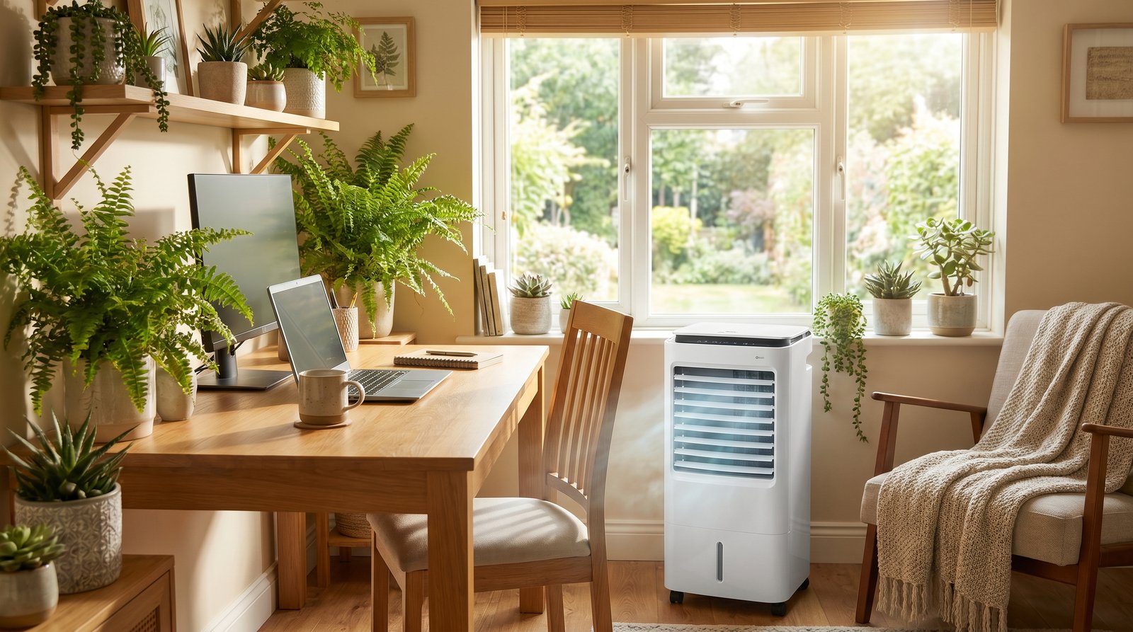 A home office with a portable air cooler near the desk