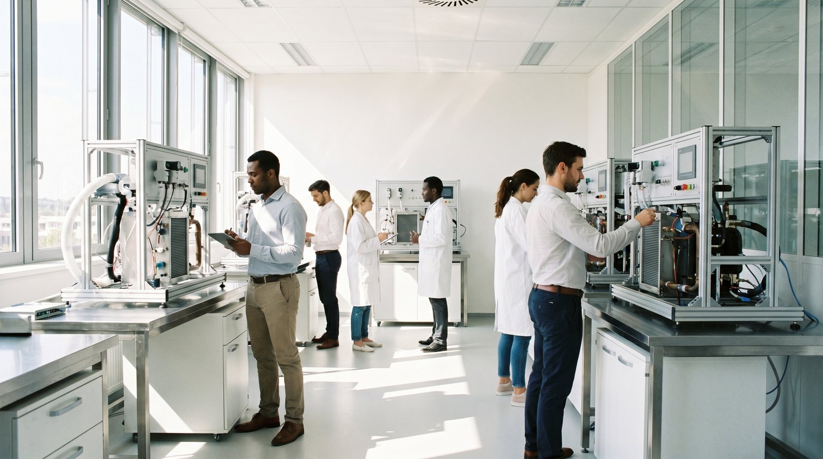 The Portable AC Coolizi engineering team at work in a clean lab