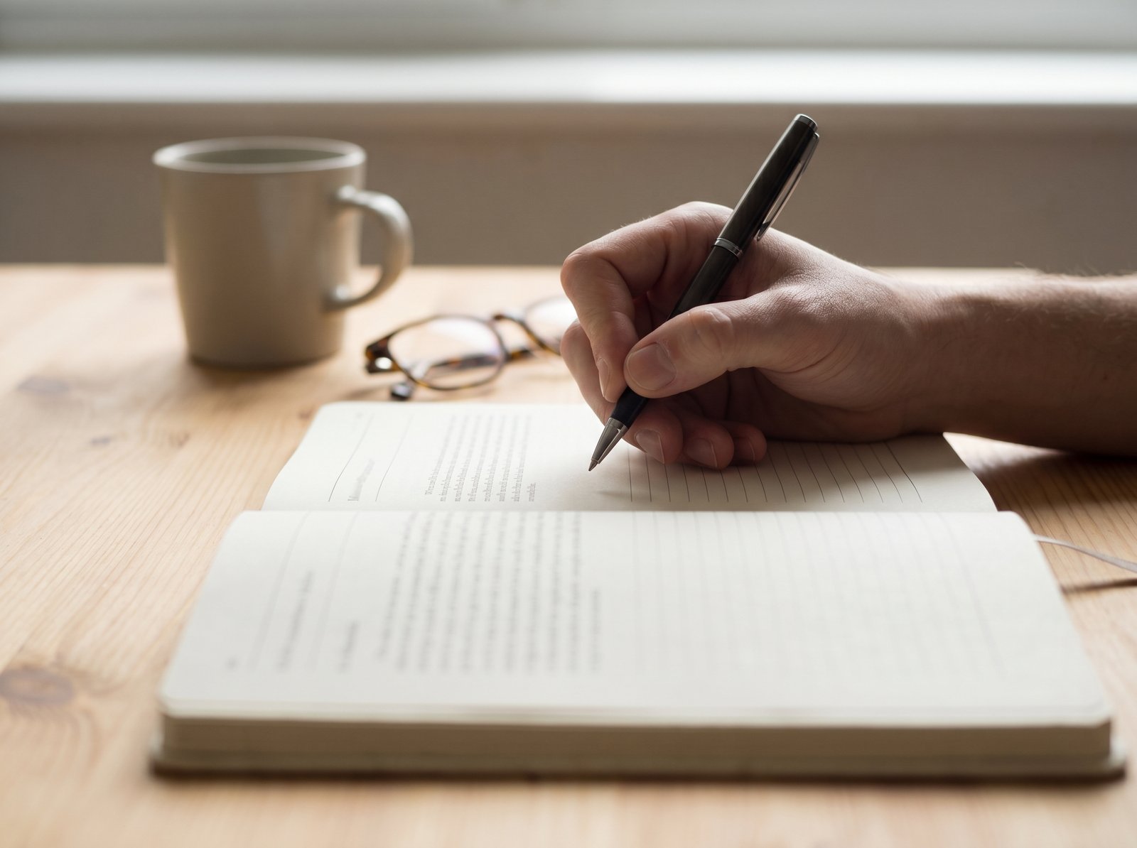 A hand writing on a printed contract page on a wooden desk